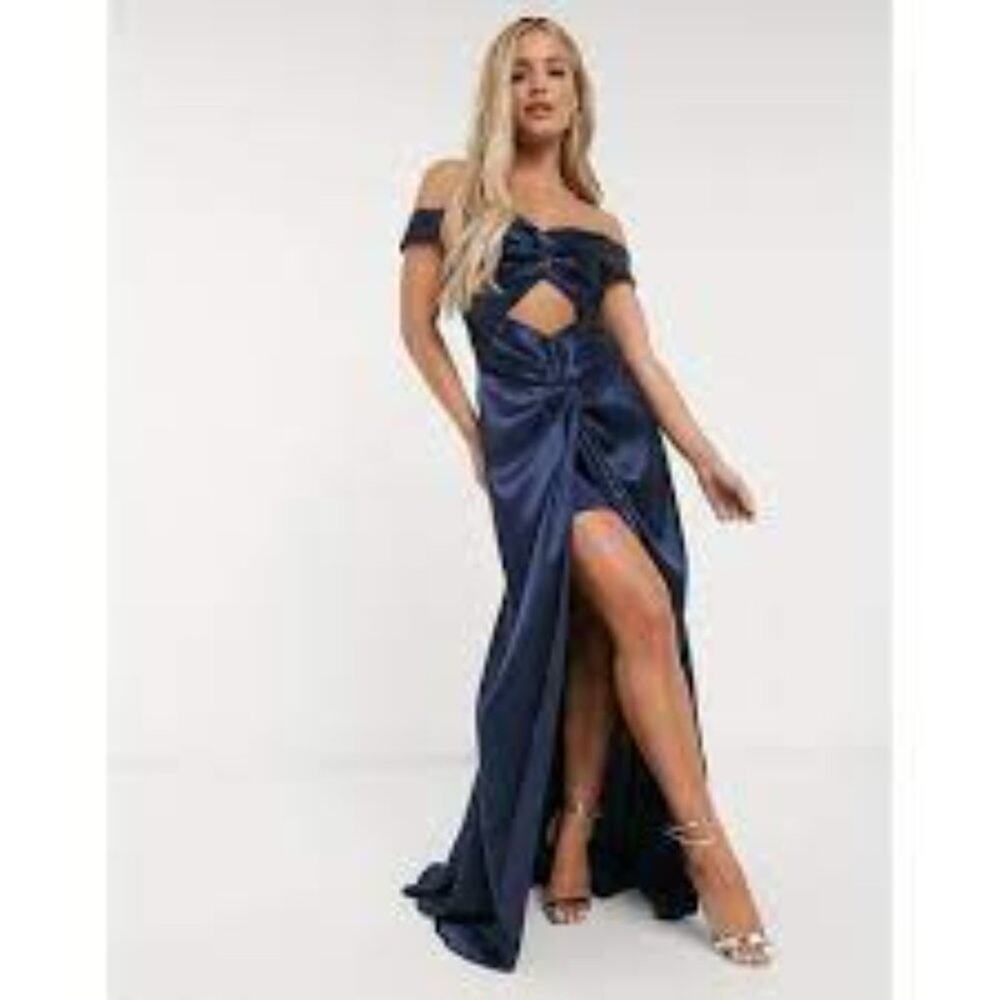 NWT YAURA Satin navy open front trumpet gown with cutout